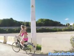 Busty beauty fucked after riding a bike