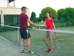 Tera Link and Ricky Rascal get their morning workout by playing tennis together. Once their game is concluded, they shake hands and rush to the bedroom to play a more sensual game.