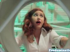 Redhead mistress teases sub with drops of pee