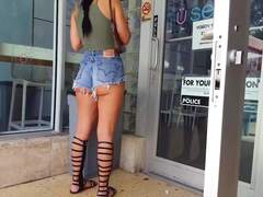 Candid voyeur thick latina tiny shorts boots cheeks ass