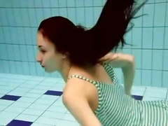 Teen with no tits swim in the pool